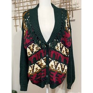 Vintage‎ Carolina Colors Cardigan Sweater Fringe Knit Size L XL